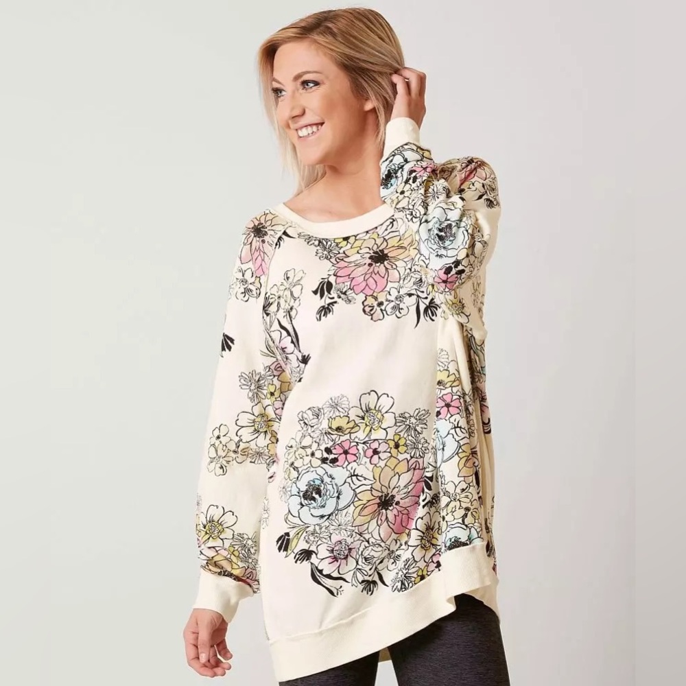 Free People Floral Off-the-Shoulder Sweater - Cream and Multicolor